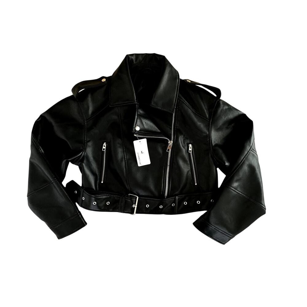womens Ly Varey Lin Cropped Motto Biker Faux Leather Jacket size large